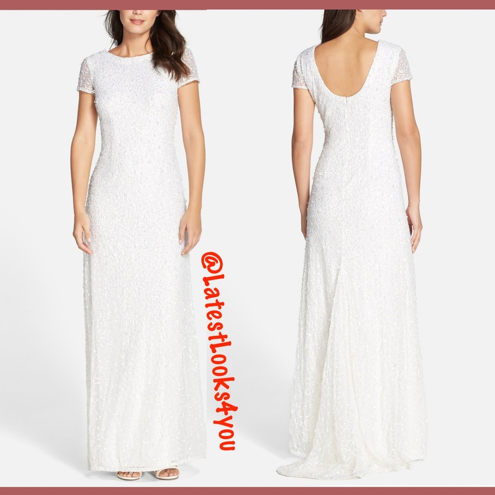New Adrianna Papell sequin scoop back gown ivory 10 - Picture 4 of 16